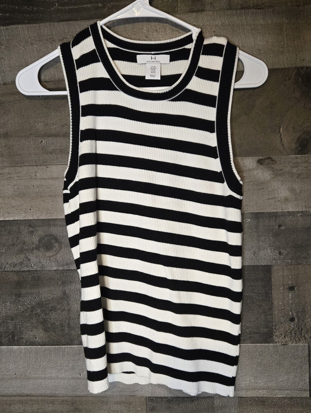 Halston Heritage Black & White Striped Sleeveless Ribbed Tank